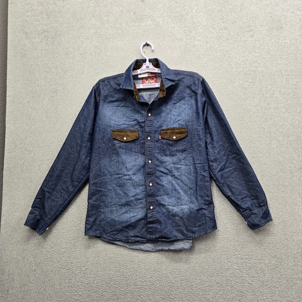 VINTAGE Levi's Men Button Up Shirt L Blue Denim Western Long Sleeve Chambray